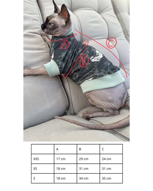 T-shirt med matchande filt, katt, sphynx, ljust skogsmönster, vit och grön